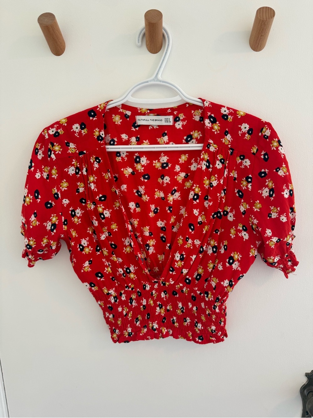 Faithfull the Brand Red Floral V-Neck Smocked Waist Blouse